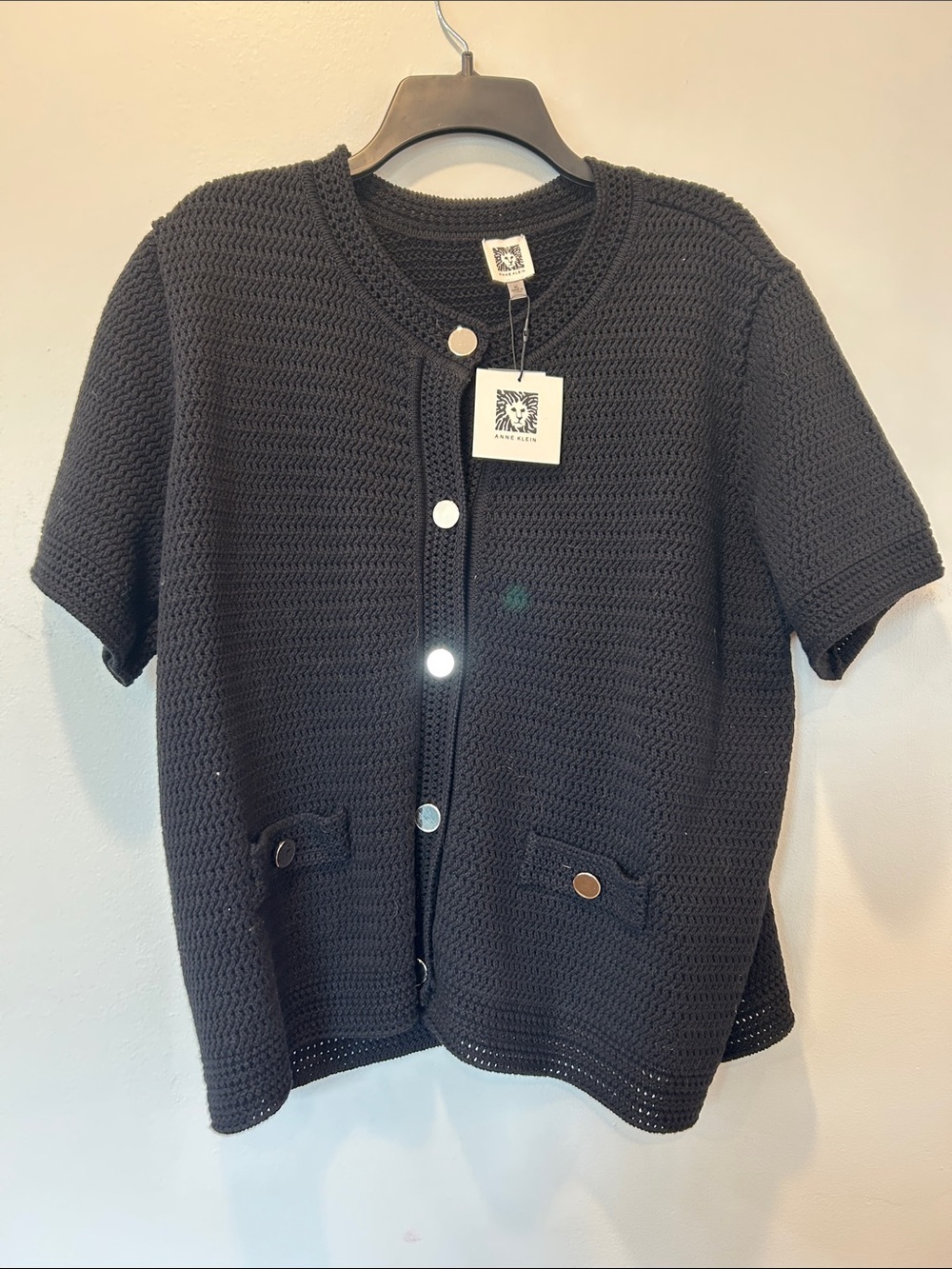 Anne Klein Black Short-Sleeve Knit Cardigan with Silver Button